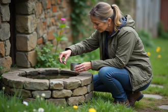 Femme au puits ancien dans un cadre rural naturel
