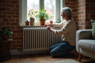 Femme ajustant un radiateur électrique dans un salon cosy