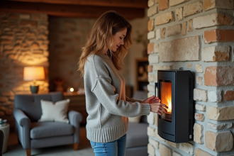 Femme ajustant un radiateur électrique moderne dans un salon rustique
