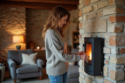 Femme ajustant un radiateur électrique moderne dans un salon rustique