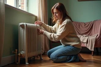 Femme ajustant un radiateur en fonte dans un salon vintage
