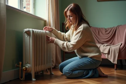 Femme ajustant un radiateur en fonte dans un salon vintage