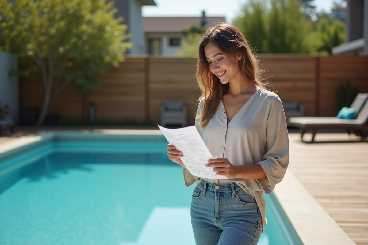 Jeune femme lisant le règlement au bord de la piscine