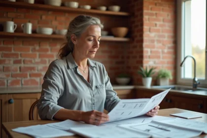 Femme consultant des documents de rénovation maison à une table en bois dans une cuisine chaleureuse