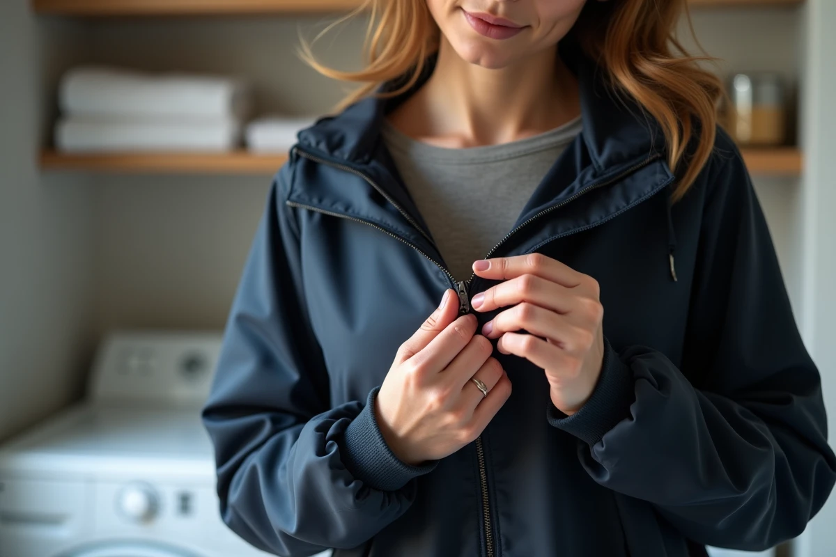 Femme réparant une fermeture éclair bloquée en bas sur une veste marine, technique de déblocage avec les doigts