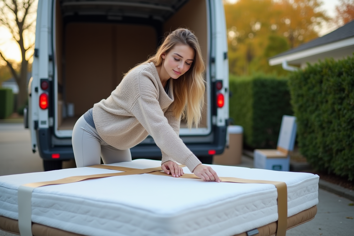 Jeune femme scellant un matelas à l
