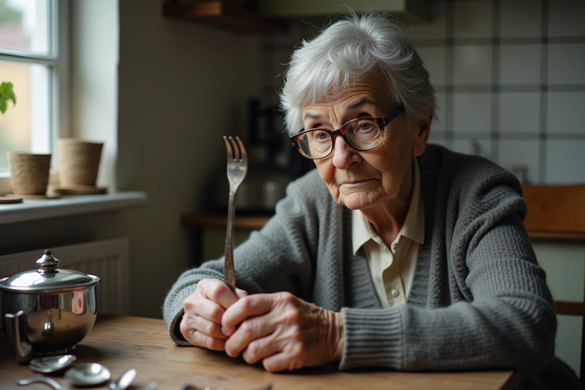 Femme âgée regarde une fourchette en argent usée