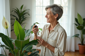 Femme soignant une plante peace lily dans un intérieur lumineux