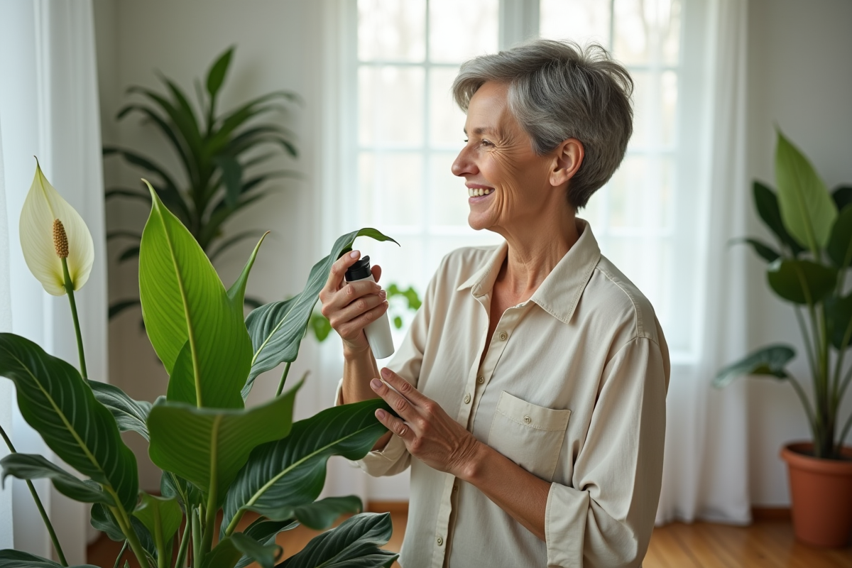 Femme soignant une plante peace lily dans un intérieur lumineux