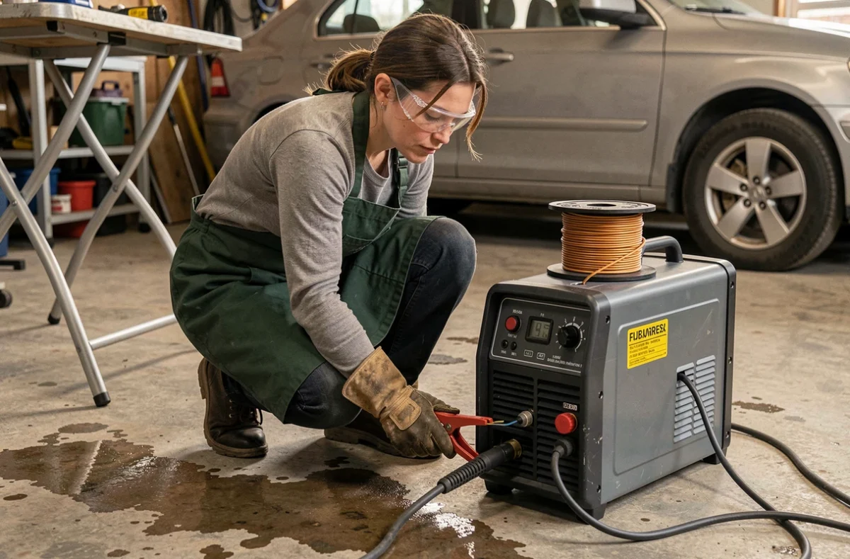 Femme bricoleure connectant la pince de masse d'un poste à souder fil fourré portable posé au sol dans un garage avec une voiture en arrière-plan
