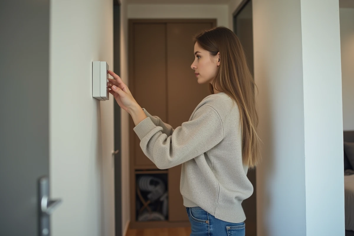 Jeune femme ajuste un thermostat dans un appartement moderne