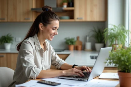 Femme travaillant sur un ordinateur dans une cuisine moderne