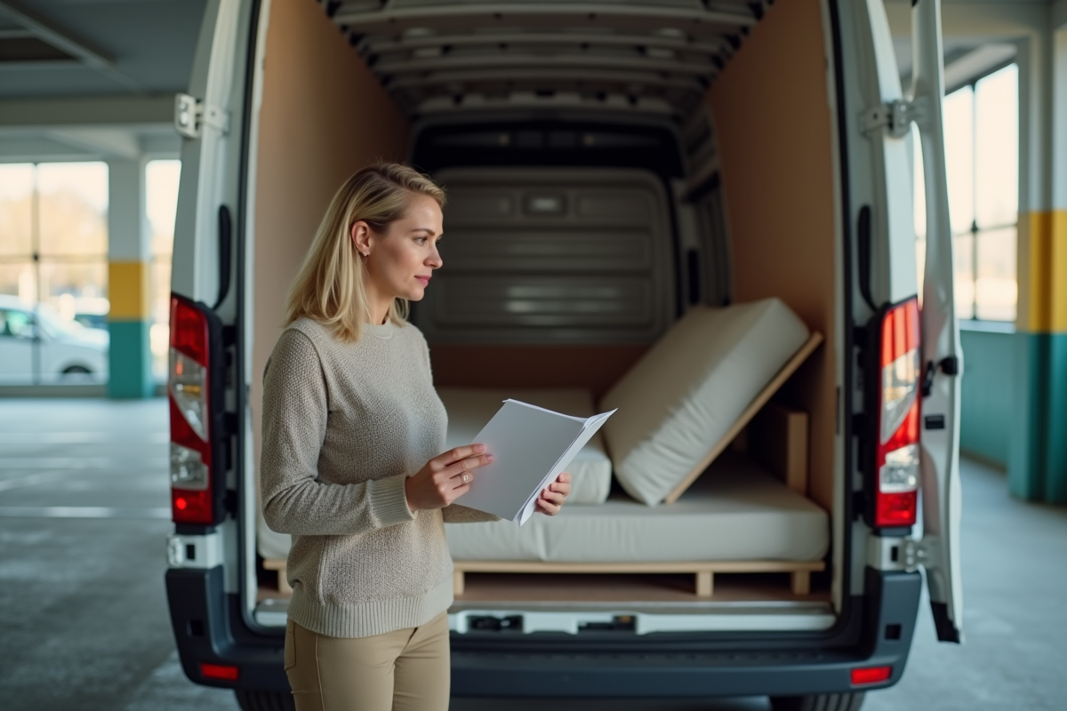 Femme réfléchissant avec un lit plié dans un camion de déménagement