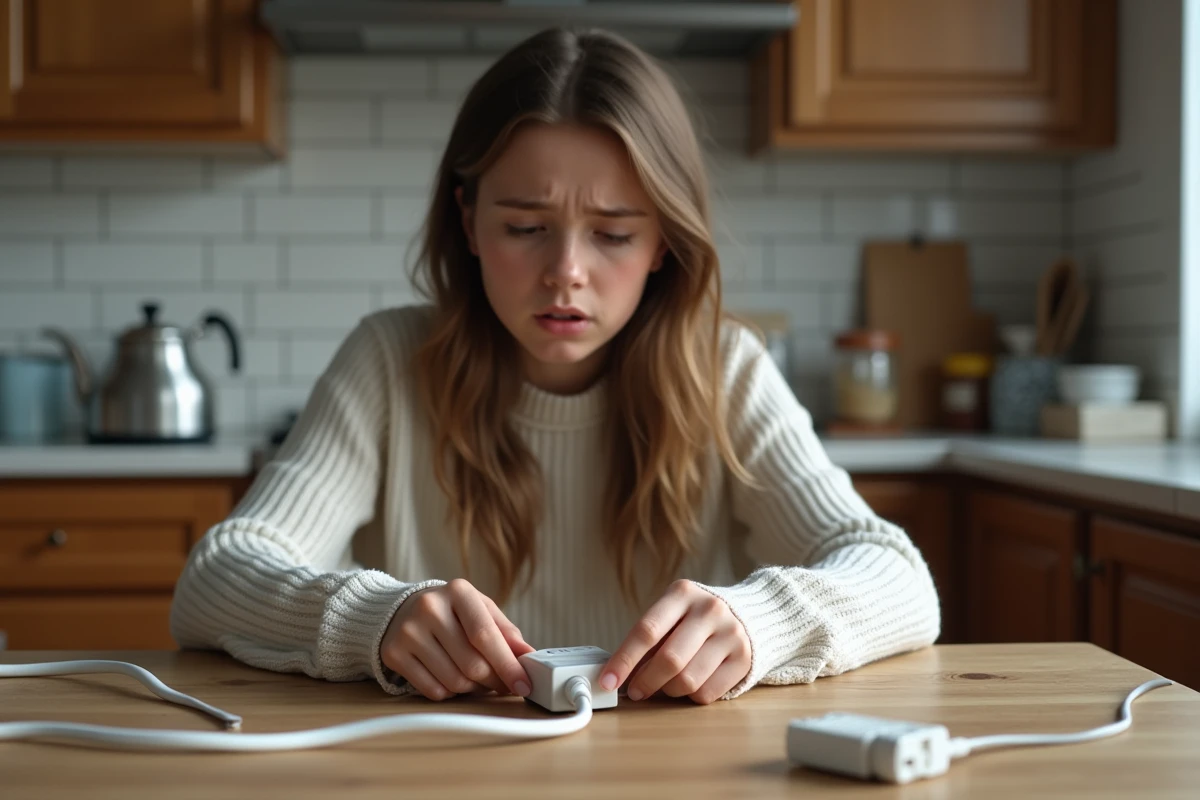Jeune femme examinant un cordon électrique fondu à la maison