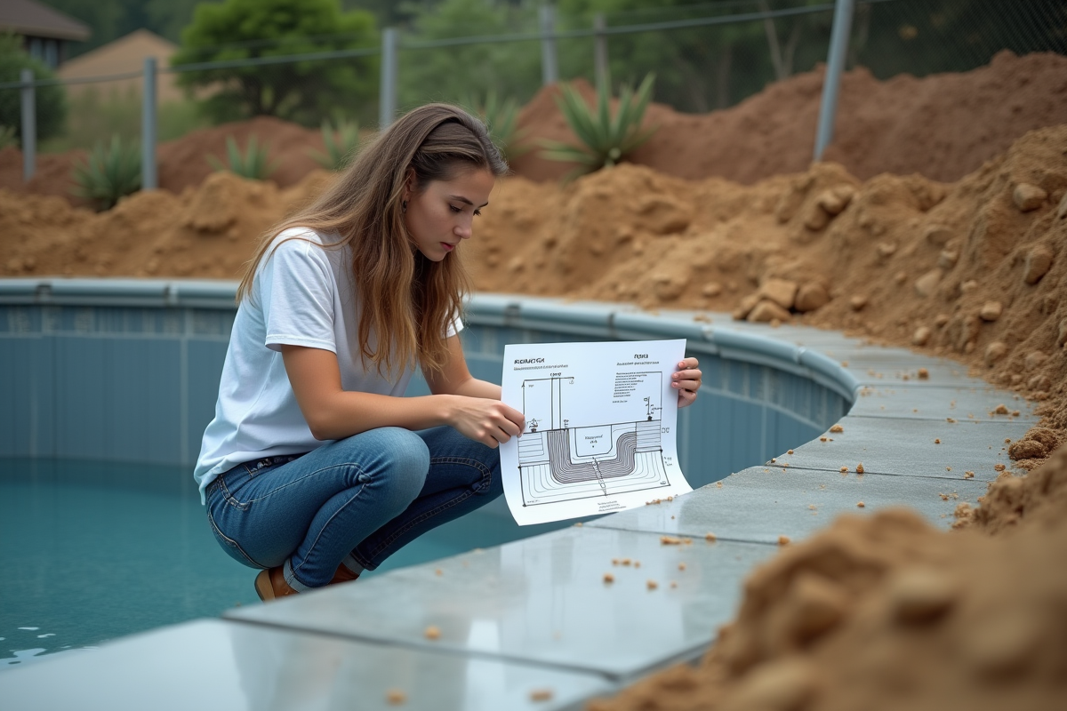 Jeune femme examine un schéma de piscine en construction