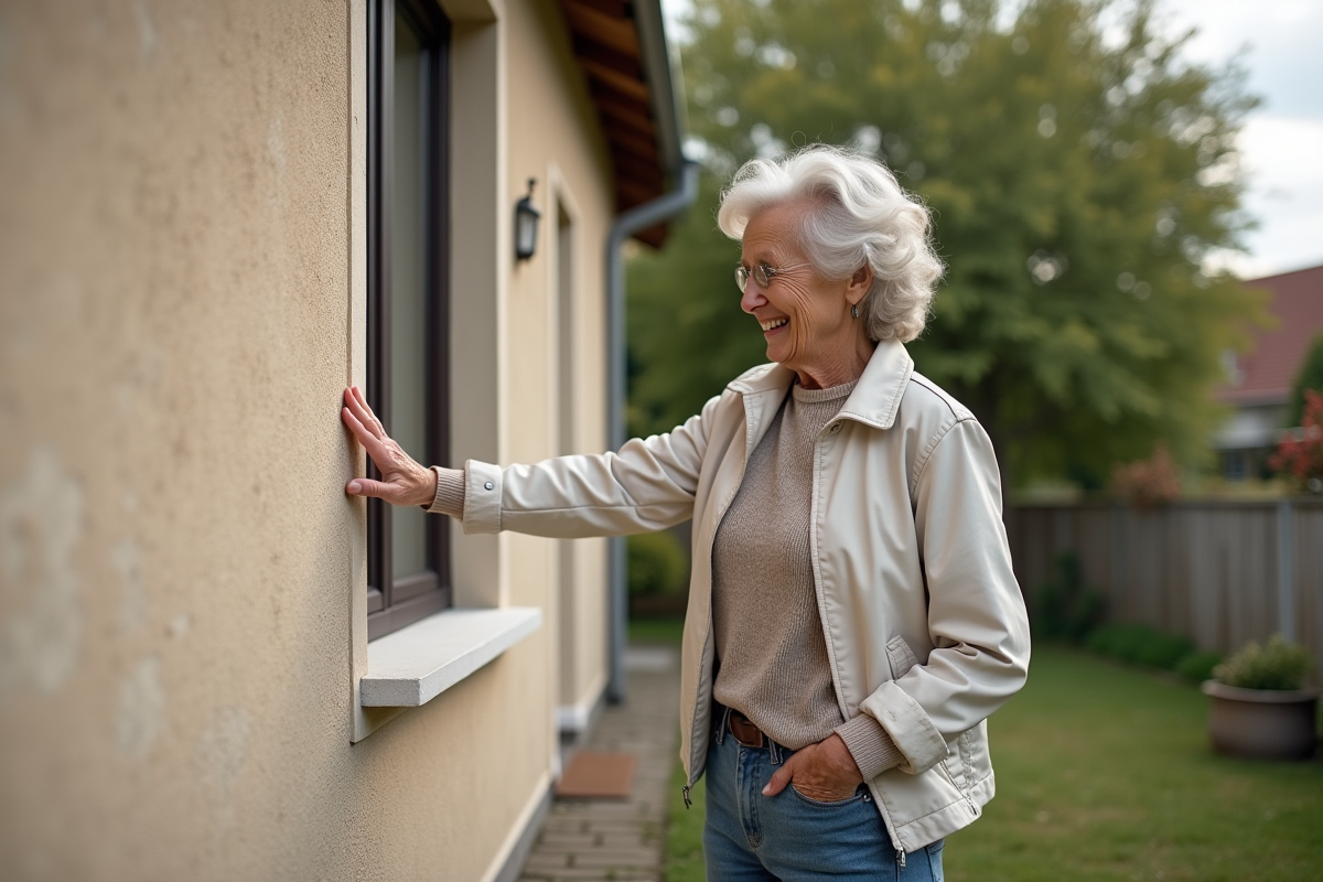 Femme souriante touche la façade de sa maison