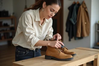 Femme appliquant une gomme à nubuck sur des bottines en daim tan posées sur un établi en bois dans une entrée moderne