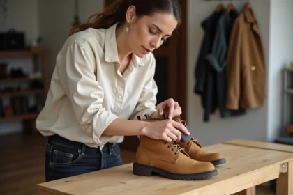 Femme appliquant une gomme à nubuck sur des bottines en daim tan posées sur un établi en bois dans une entrée moderne