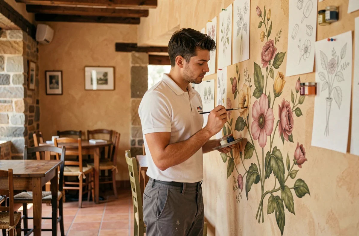 Artisan de Grégory Peinture réalisant à la main un trompe-l'œil floral sur le mur d'une salle de restaurant provençal au caractère authentique