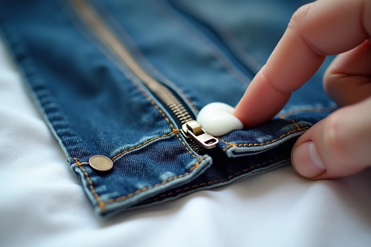 Gros plan sur une fermeture éclair bloquée d'une veste en jean, application de cire de bougie sur les dents pour la débloquer