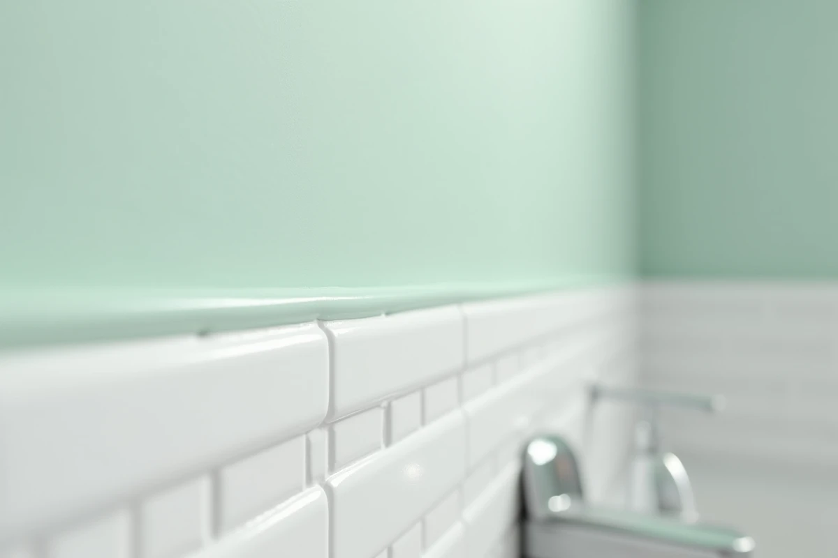 Gros plan sur un joint acrylique impeccable entre un carrelage blanc et un mur peint en vert sauge dans une salle de bain moderne
