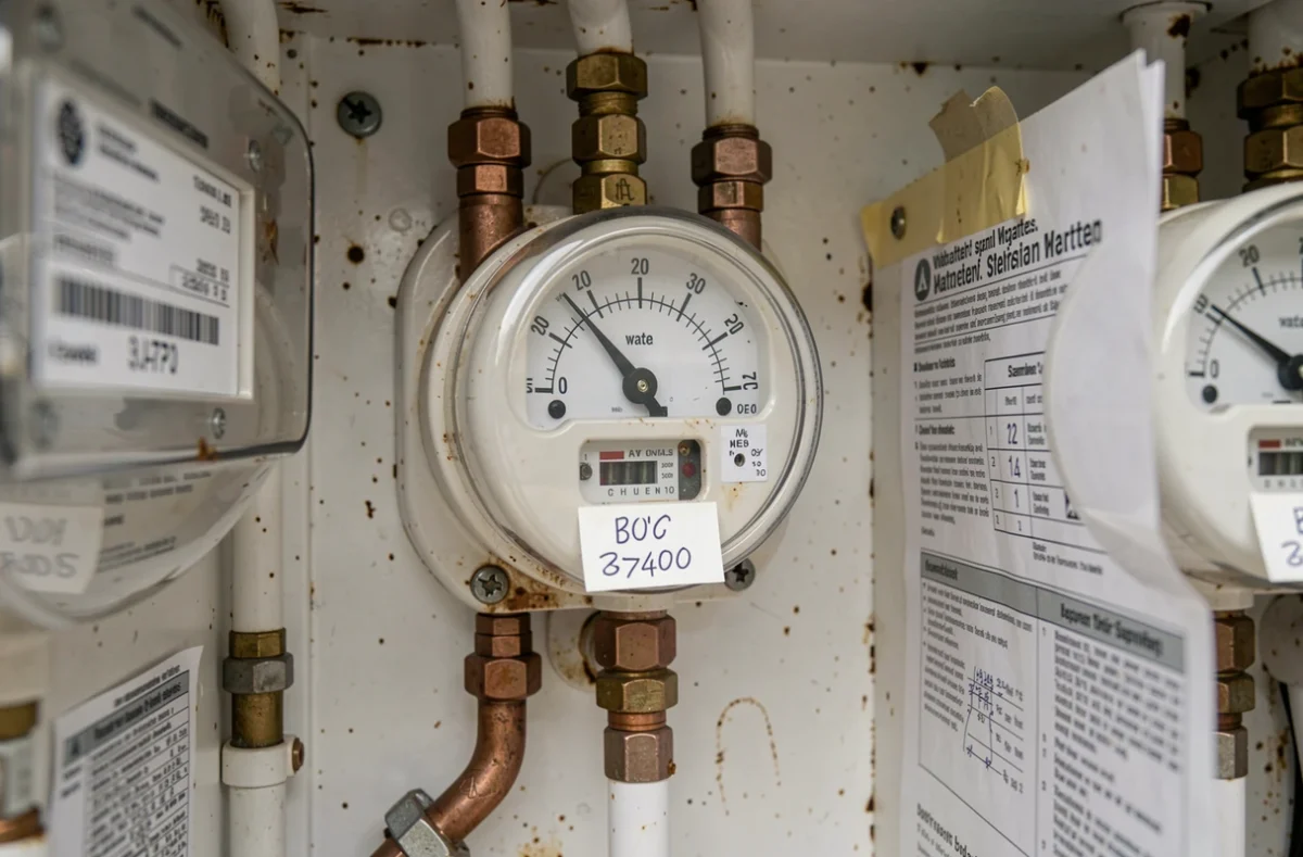 Gros plan sur un réseau de sous-compteurs d'eau individuels dans une armoire technique de copropriété avec numéros d'appartements