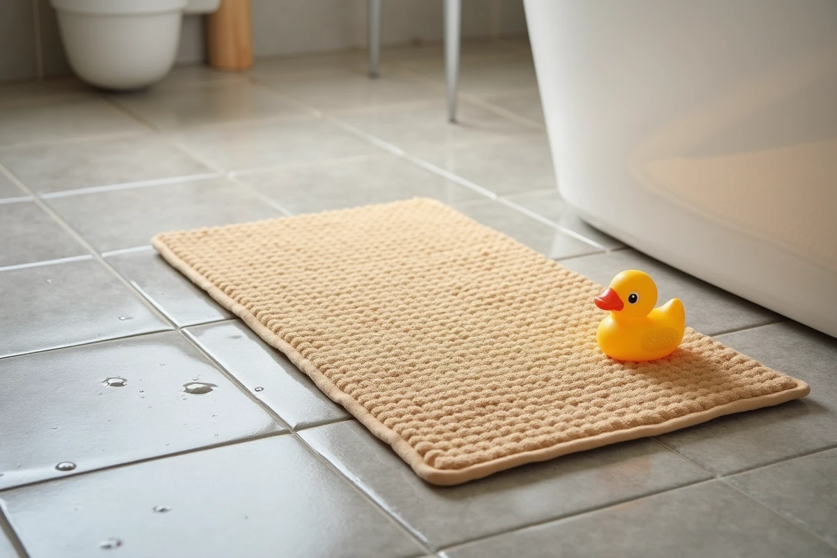 Gros plan sur un tapis de bain antidérapant beige à motif gaufré sur carrelage mouillé dans une salle de bains familiale avec jouet de bain coloré