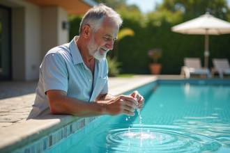 Homme d'âge moyen ajoutant du chlore à la piscine extérieure