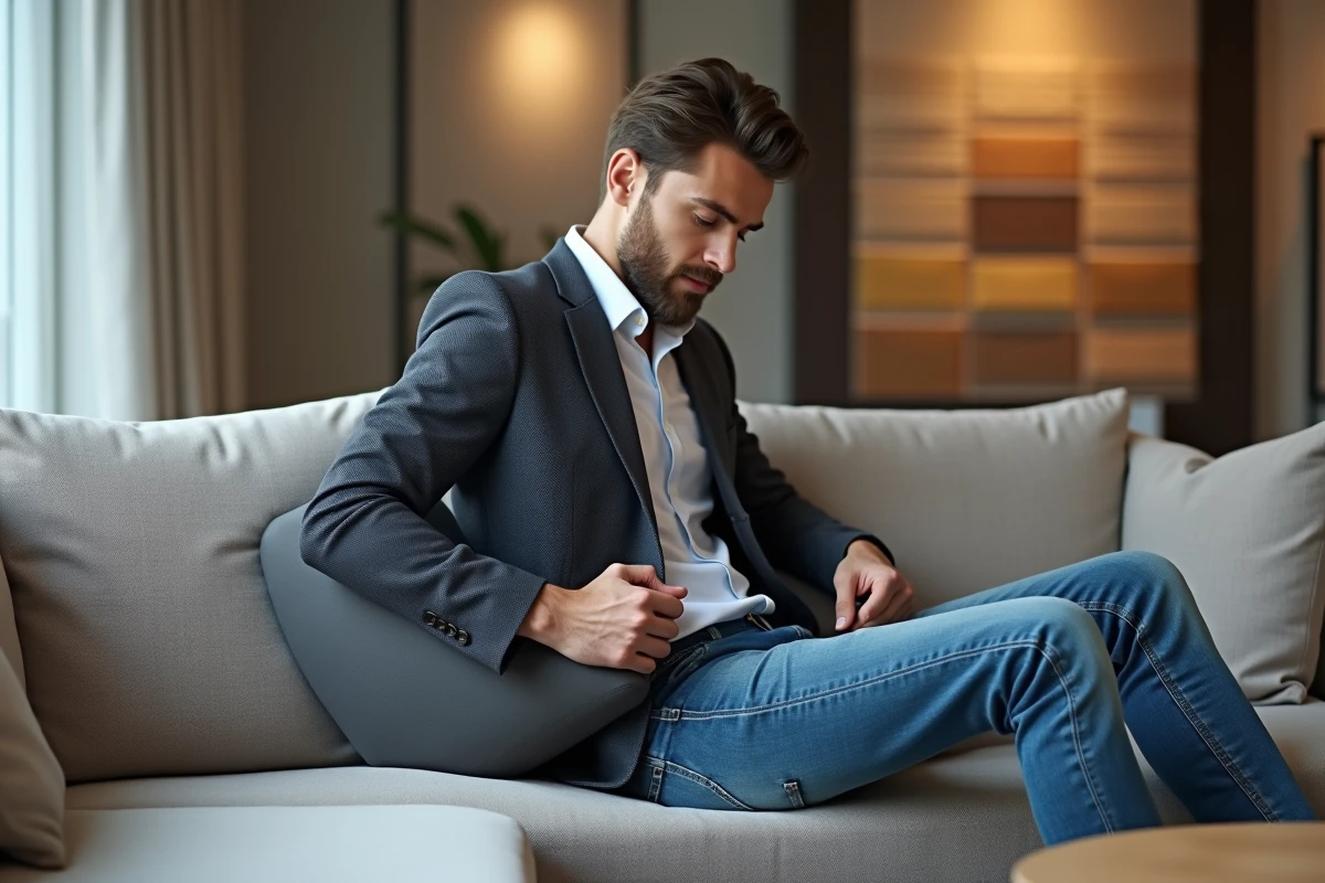 Jeune homme ajustant un coussin lombaire sur un canapé en showroom