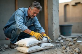Homme en tenue de chantier comptant des sacs de ciment sur un site