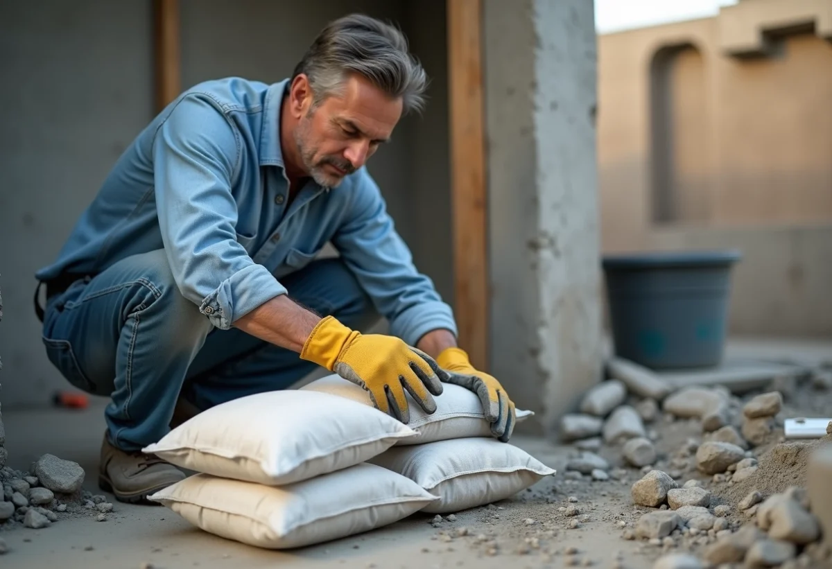 Homme en tenue de chantier comptant des sacs de ciment sur un site
