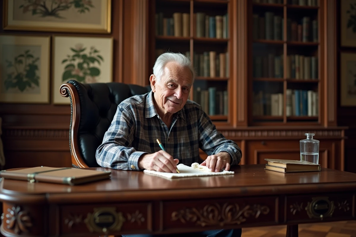 Homme âgé polissant un bureau en bois dans un bureau traditionnel