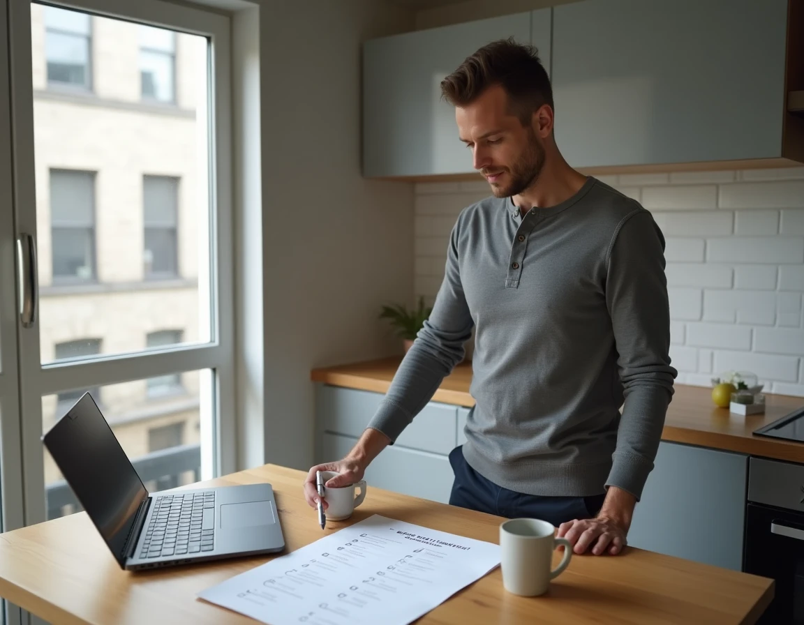 Homme vérifiant une checklist déménagement imprimée avec un ordinateur portable ouvert sur une table de cuisine