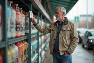 Homme comparant des bouteilles de gaz en supermarché