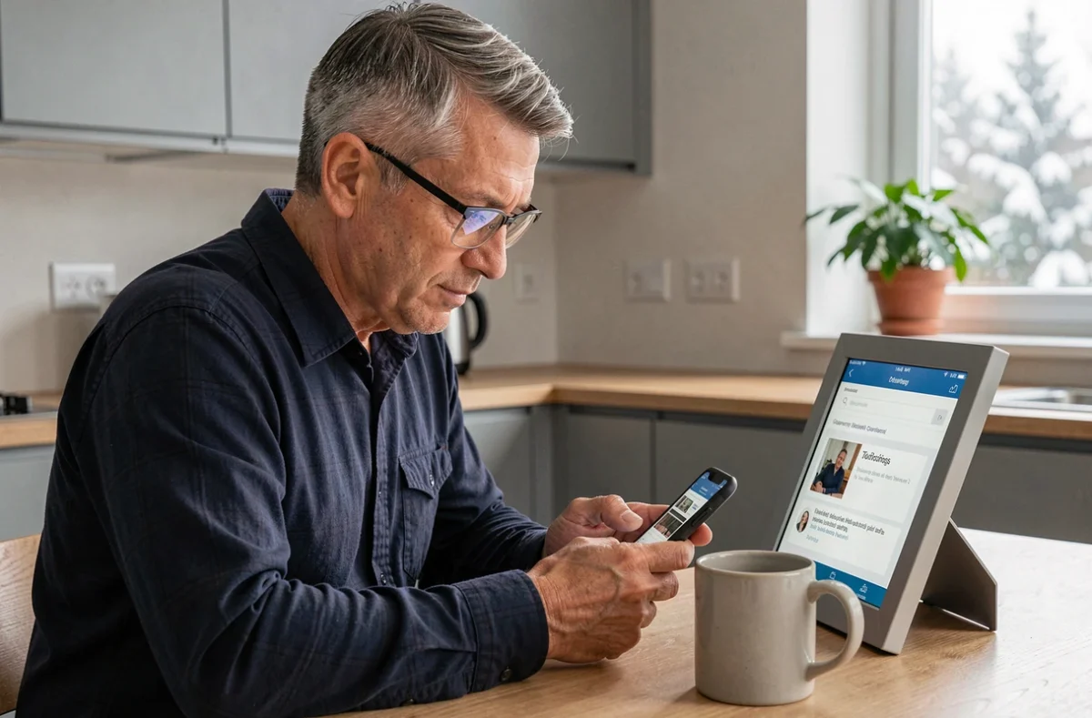 Homme configurant un cadre photo connecté via une application smartphone dans une cuisine moderne en hiver