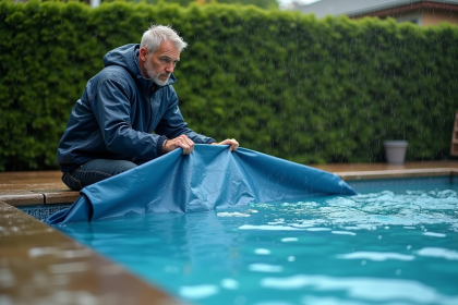 Homme en imperméable couvre une piscine sous la pluie