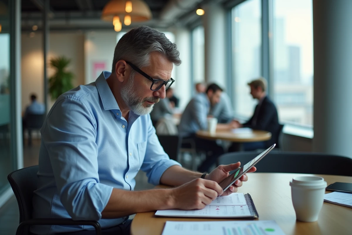 Homme comparant prix sur une tablette dans un espace coworking