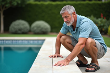Homme d'âge moyen près de la piscine en été