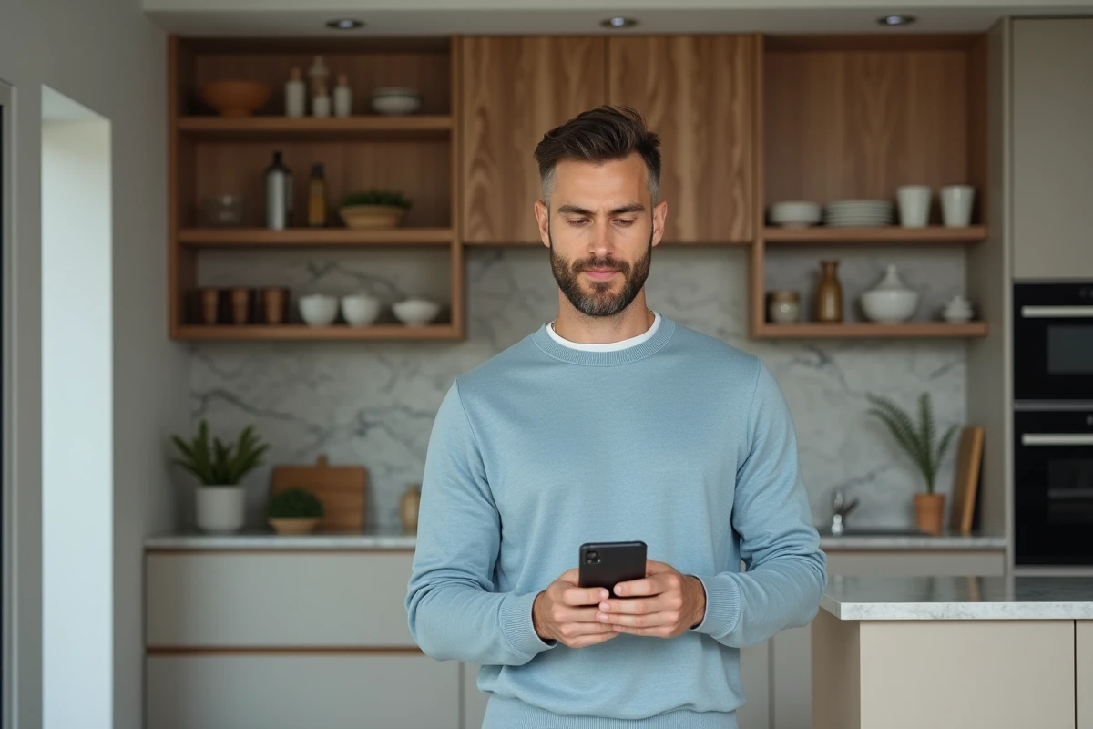 Homme dans cuisine moderne utilisant son smartphone