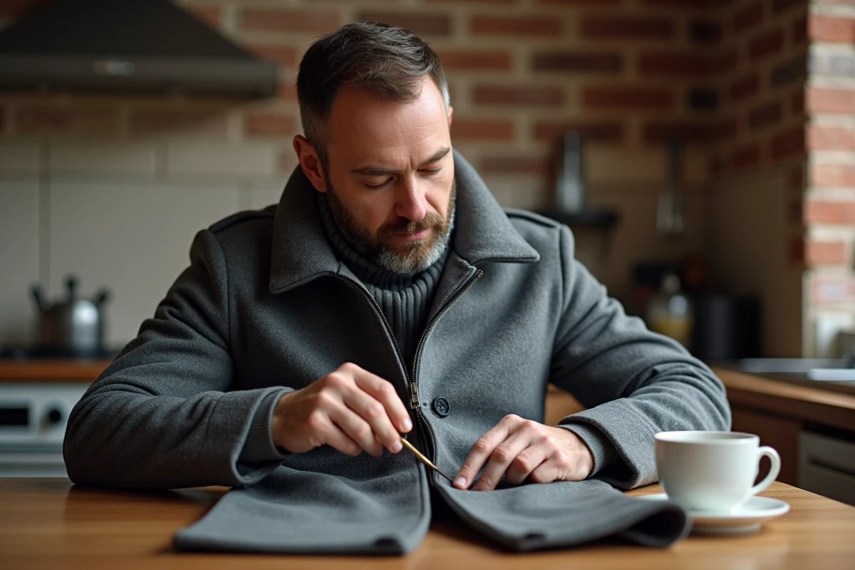 Homme utilisant un petit tournevis pour débloquer la fermeture éclair d'un manteau en laine gris sur une table en bois
