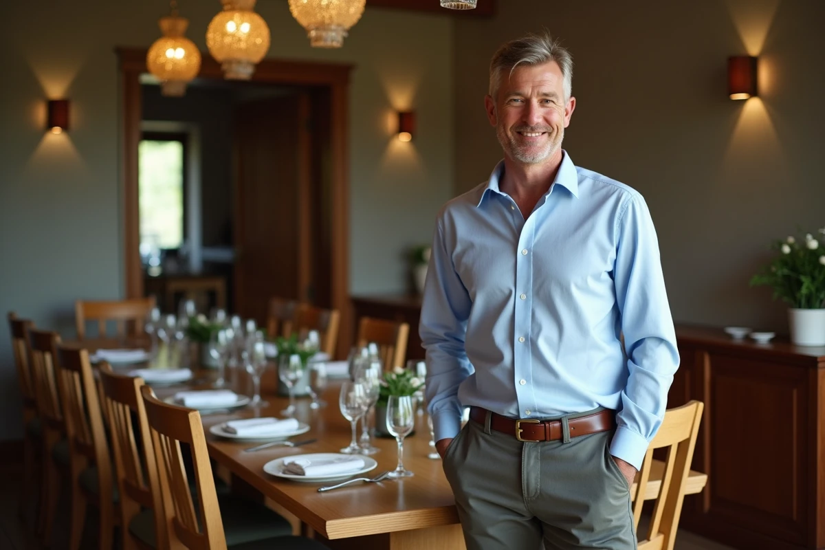 Homme en tenue chic dans une salle à manger décorée football