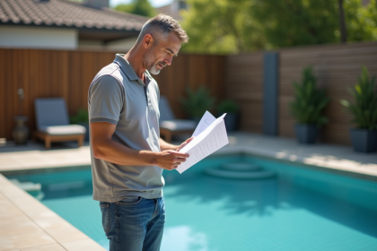 Homme d'âge moyen examinant des documents près de la piscine