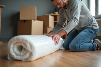 Homme emballant un matelas dans un appartement moderne