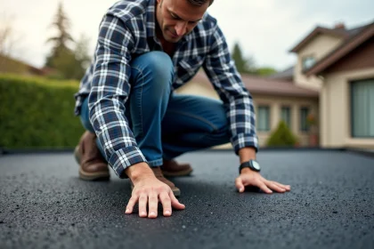 Homme d'âge moyen examine un toit en gravier en extérieur