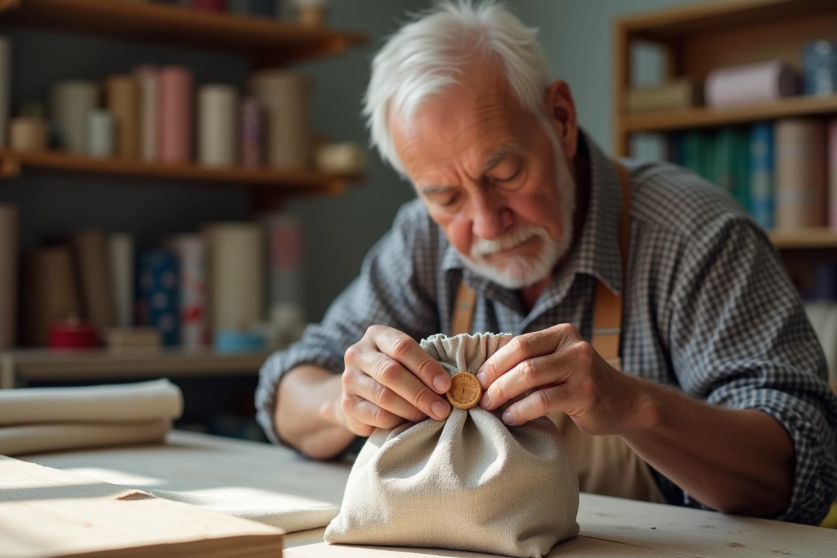 Homme âgé fixant un bouton en bois sur un sachet en tissu fait main