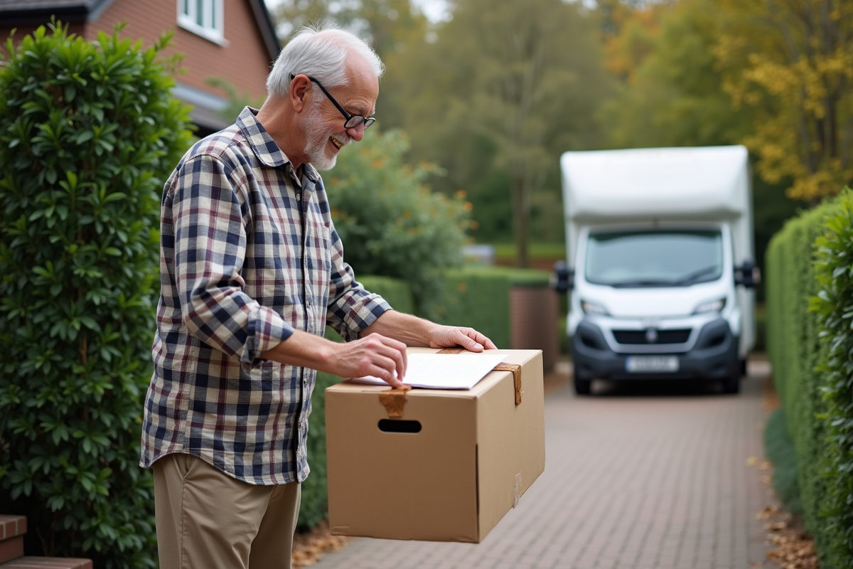 Homme âgé avec boîte et note devant une maison