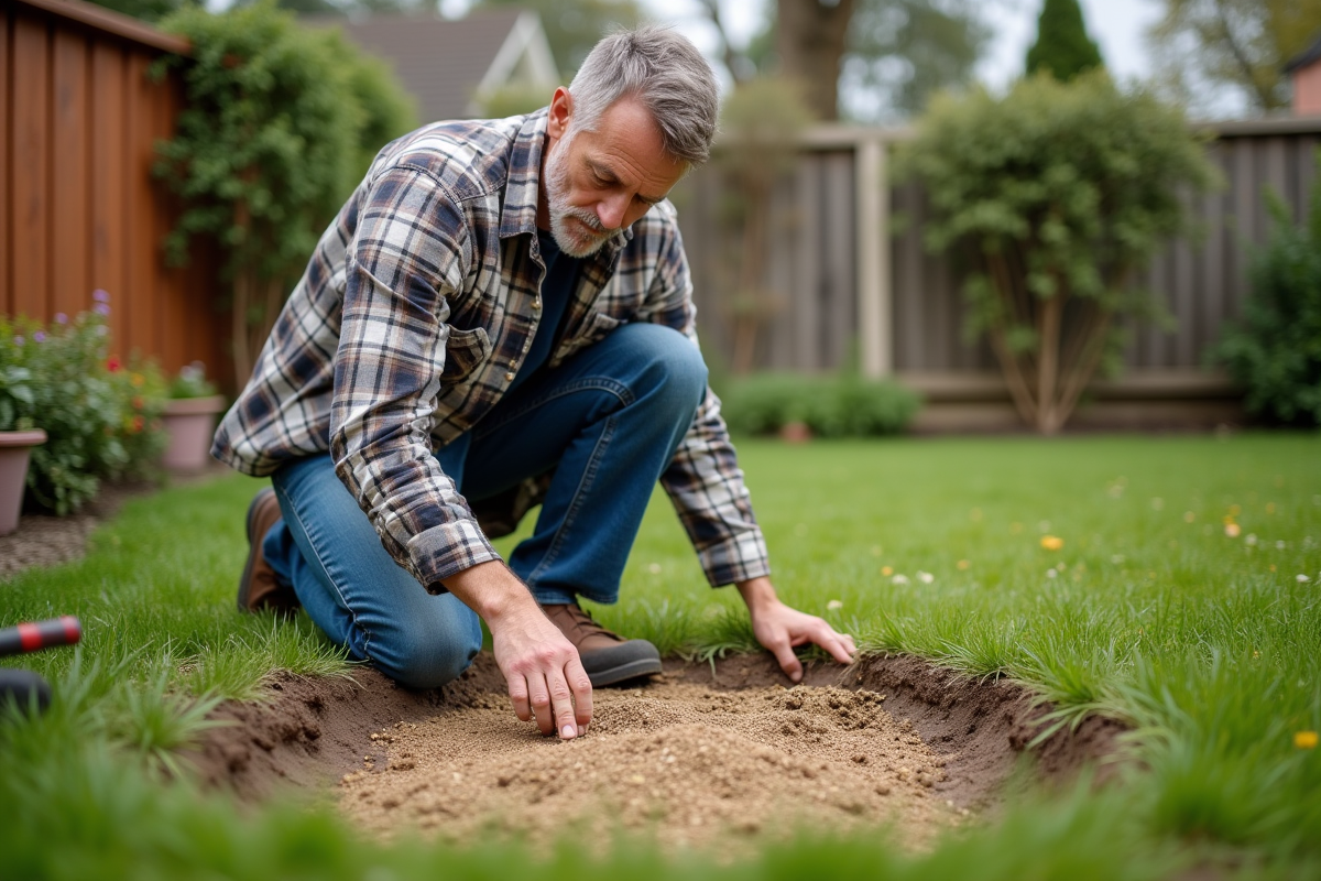 Homme d'âge moyen en jeans et chemise à carreaux en train de semer du gazon
