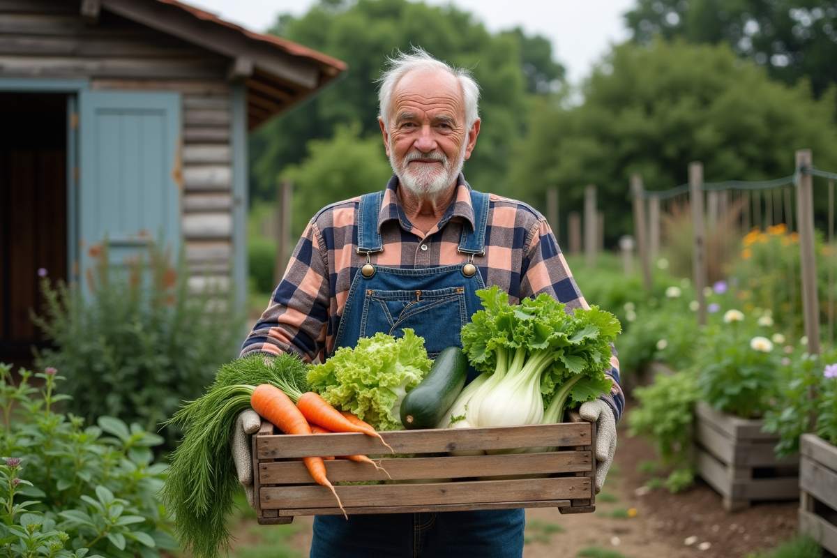 Homme âgé avec panier de légumes frais dans le potager