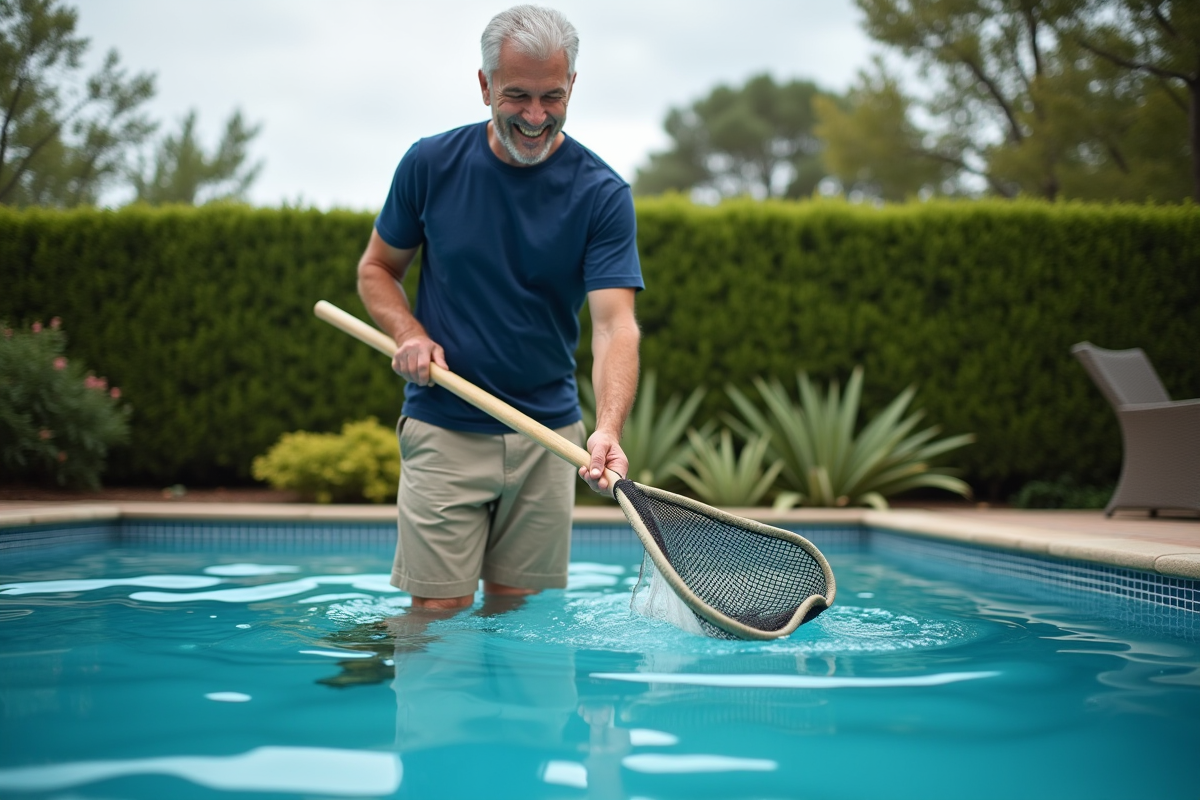 Homme d'âge moyen nettoyant une piscine avec un filet