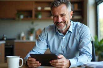 Homme d affaires regardant des annonces immobilières sur une tablette